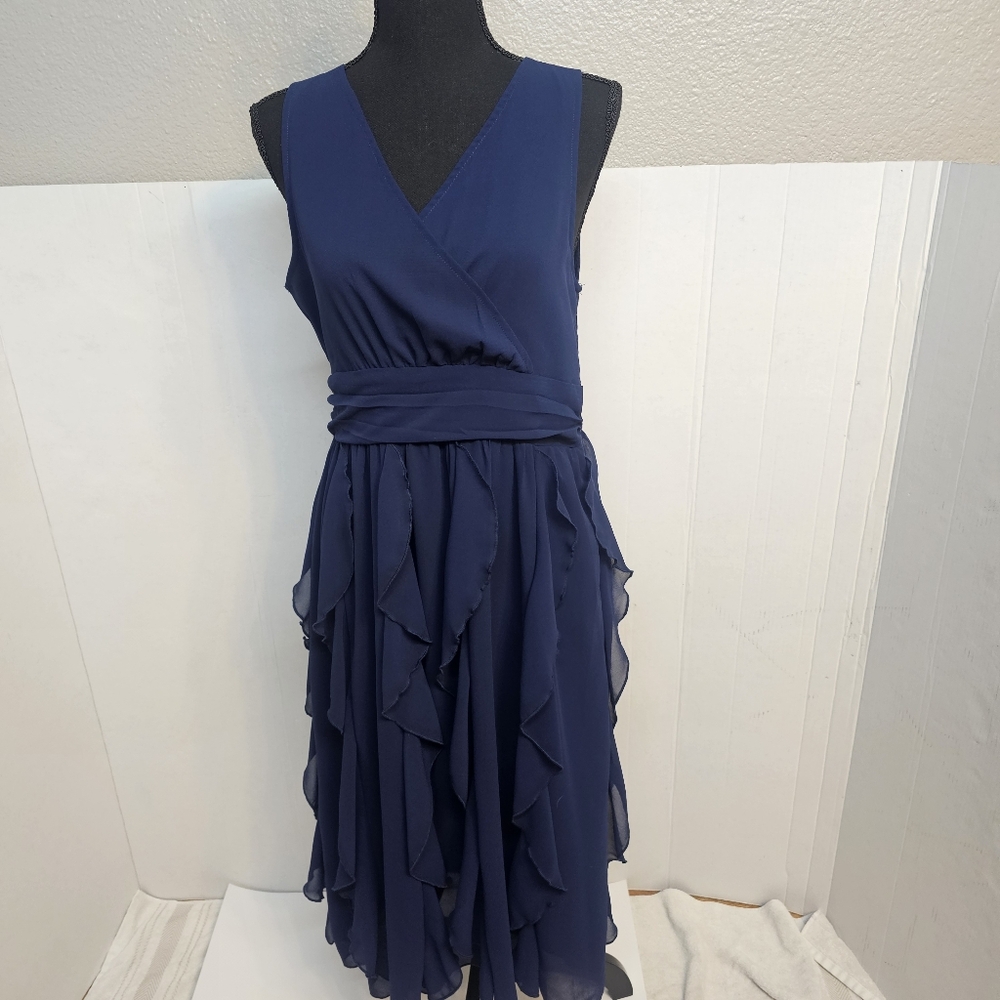 NAVY BLUE V NECK RUFFLE SLEEVELESS DRESS SZ MEDIUM EASTER  MOTHER BRIDE /GROOM